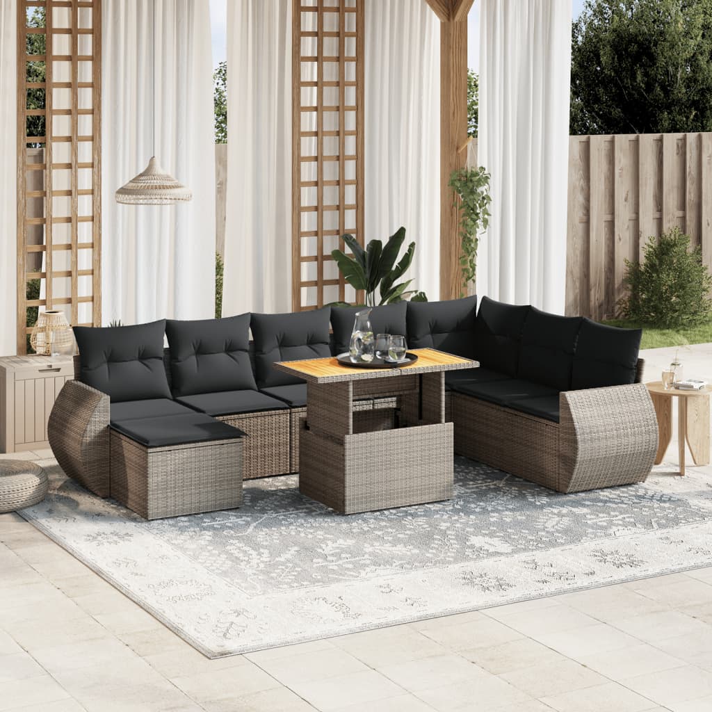 9-tlg. Garten-Sofagarnitur mit Kissen Grau Poly Rattan